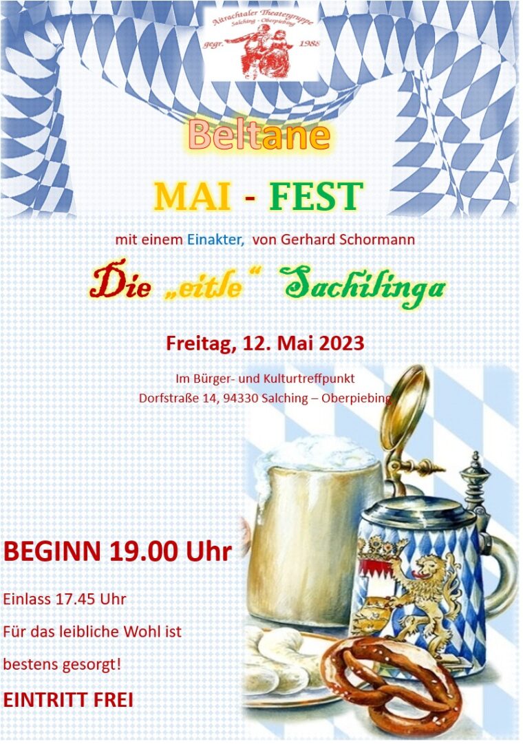 Plakat zum Beltane-Maifest 2023 mit dem Einakter „Die eitle Sachilinga“ von Gerhard Schormann, weiß-blaue Rauten, Maßkrug, Steinkrug und Brezn