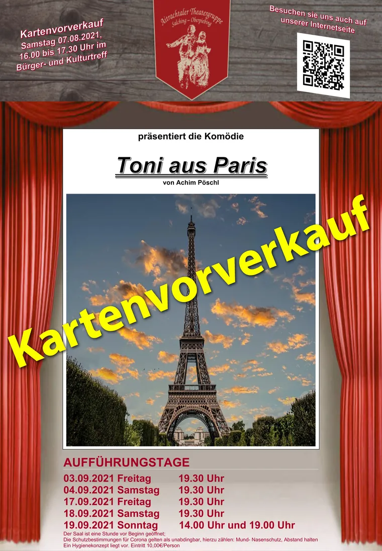 Plakat „Toni aus Paris“ mit Eiffelturm, rotem Bühnenvorhang und den Spielterminen